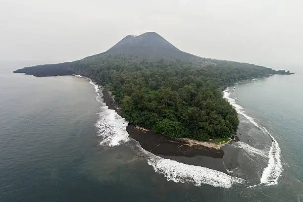 Aerial view of Krakatau/Krakatoa is located in Indonesia, and are among the most well known volcanoes in the world. 