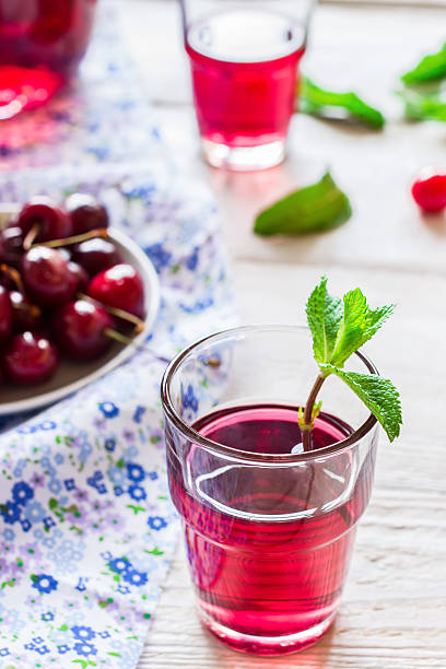 istock Cherry lemonade with mint on white wooden background. 539237310