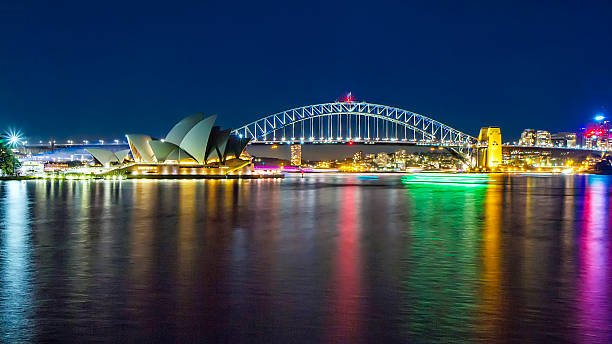 Sydney by night Panorama of Sidney by night (Vivid Light), the Opera House, Harbour Bridge ...whit Vividlights effect. sydney harbor photos stock pictures, royalty-free photos & images