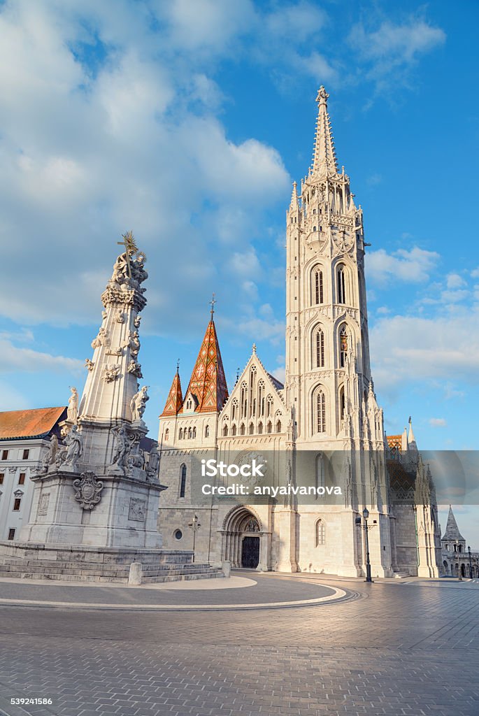 Matthias church and Statue of Holy Trinity in Budapest, Hungary Matthias church and Statue of Holy Trinity in Budapest, Hungary, on a bright day Architecture Stock Photo