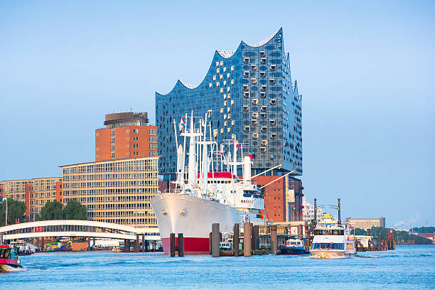 Historic ship in front of the new Elbphilmarmonie I LOVE HAMBURG: Elbphilharmonie in the HafenCity  - Hamburg - Germany - Taken with Canon 5D mk3 / EF70-200 f/2.8 L II USM elbphilharmonie photos stock pictures, royalty-free photos & images