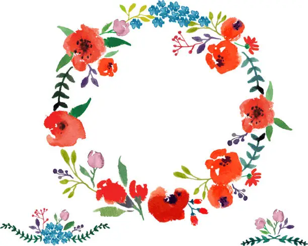 Vector illustration of Red  Flower Watercolor Wreath