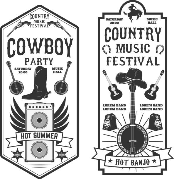 illustrations, cliparts, dessins animés et icônes de flyer festival de musique country. cow-boy fête. musique occidentale festival - country and western music illustrations