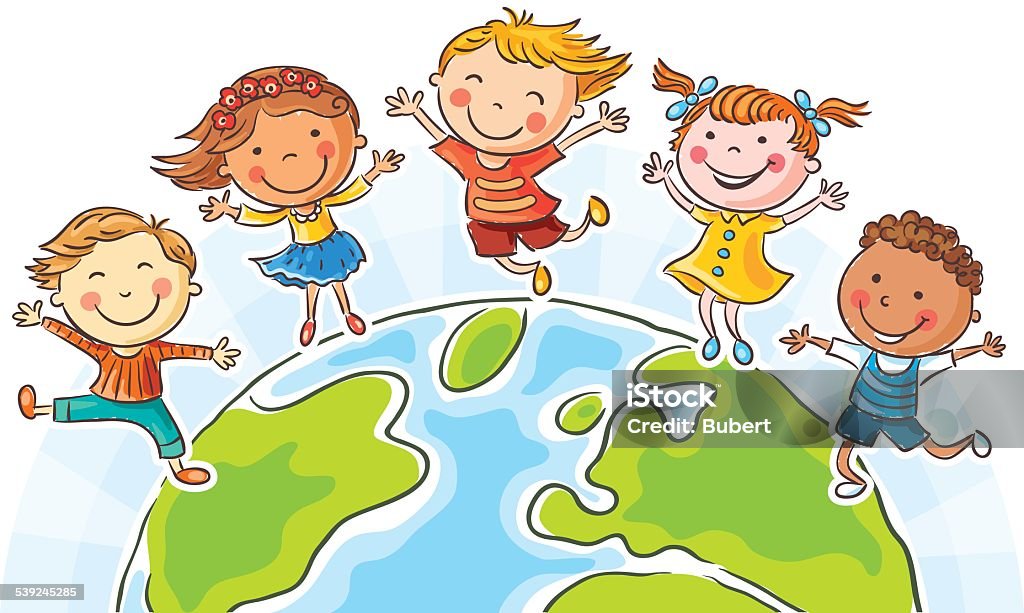 Kids and the Globe Five happy jumping kids round the globe, no gradients Child stock vector