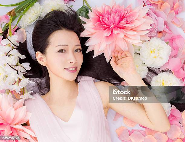 Girl In Flowers Sleeping Spa Stock Photo - Download Image Now - Beauty Product, Korean Ethnicity, Women