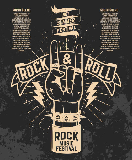 Hot summer festival. Human hand with rock and roll sign. Hot summer festival. Human hand with rock and roll sign. Rock music festival. Design element for poster, flyer, emblem,  sign.  Vector illustration. punk music stock illustrations