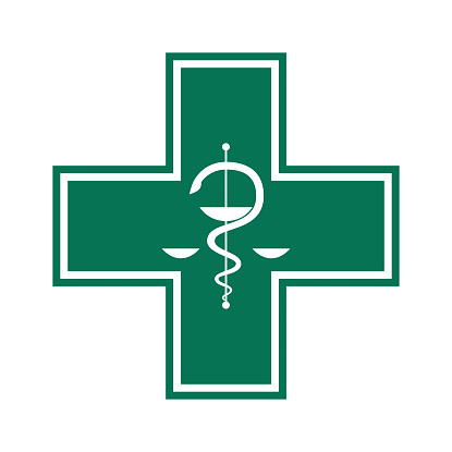 Pharmacy - drug store snake symbol on green cross. Isolated on white background with clipping path on square composition