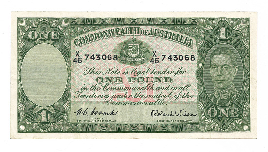 Obsolete one Australian pound note. No longer in circulation, this version was issued in 1952. Portrait of King George VI on the right. 