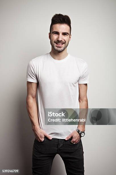 Smiling Man In Blank Tshirt Stock Photo - Download Image Now - Activity, Adult, Advertisement