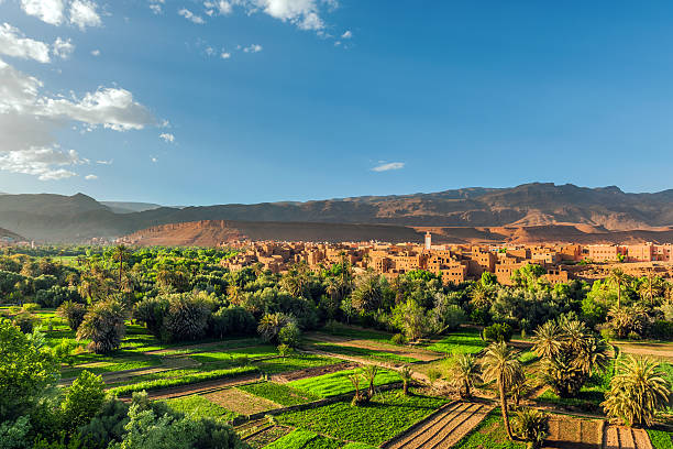 Kasbah of Tinerhir and Atlas Mountains in Morocco North Africa Tinghir.Gardens, palm trees, the city, the hills,,Morocco North Africa Nikon D3x adobe material photos stock pictures, royalty-free photos & images