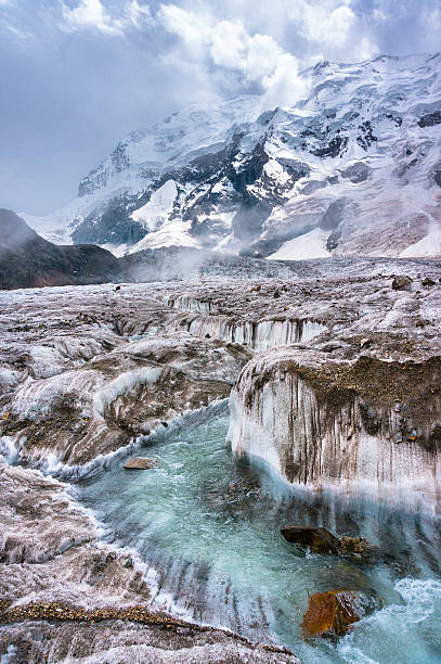 creek flowing glacier mountains in the background