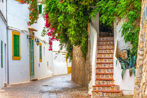 Beautiful street scenery in the historic old town of Elvissa (Ibiza Town).