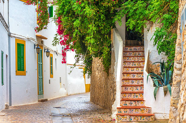 Ibiza Old Town scenery Beautiful street scenery in the historic old town of Elvissa (Ibiza Town). ibiza island stock pictures, royalty-free photos & images