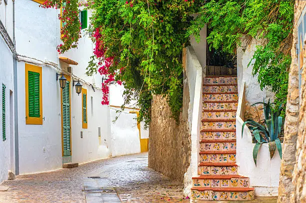 Beautiful street scenery in the historic old town of Elvissa (Ibiza Town).