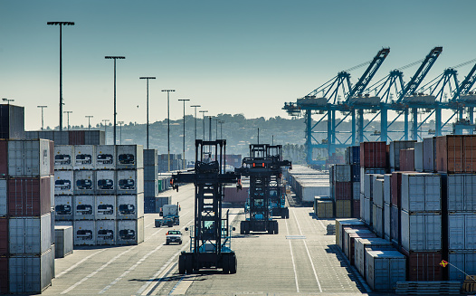 Between neatly stacked shipping containers, forklift trucks move around a yard at the Port of Los Angeles/Long Beach, where huge cranes for loading and unloading the ships tower above the hive of activity. The cars and trucks give a sense of the scale of the rest of the machinery.