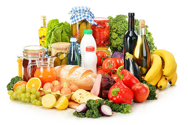 istock Composition with variety of grocery products isolated on white 539258701