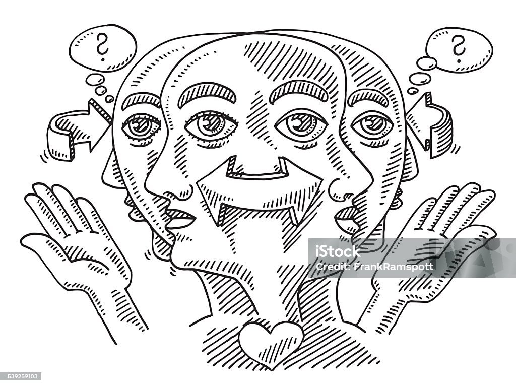 Face Decision Uncertainty Concept Drawing Hand-drawn vector drawing of a Uncertainty Decision Concept with overlapping Faces. Black-and-White sketch on a transparent background (.eps-file). Included files are EPS (v10) and Hi-Res JPG. Arrow Symbol stock vector