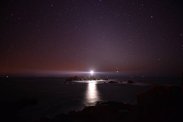 Wide angle astronomy image using a long exposure and high ISO, of a lighthouse at night.