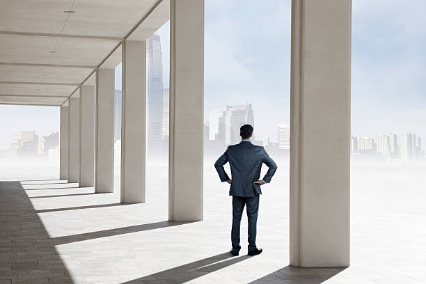 istock Businessman standing on pavilion looking at distant big city skyline 539260759