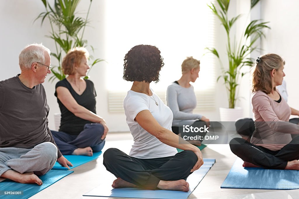 Group of mature people practicing yoga Group of mature people practicing yoga in health club Back Stock Photo