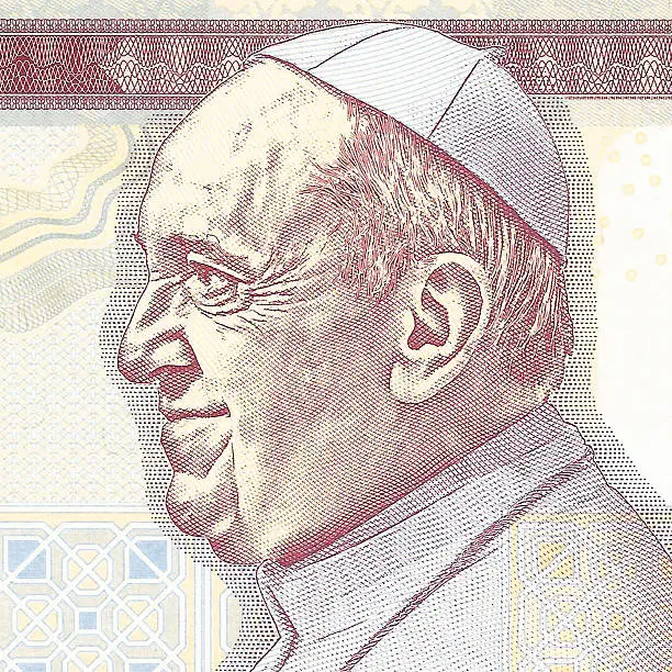 A portrait of Pope Francis, on the front of a Vatican City 500 lire banknote.