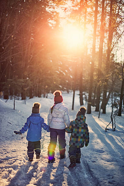 istock Kids walking in winter forest 539270221
