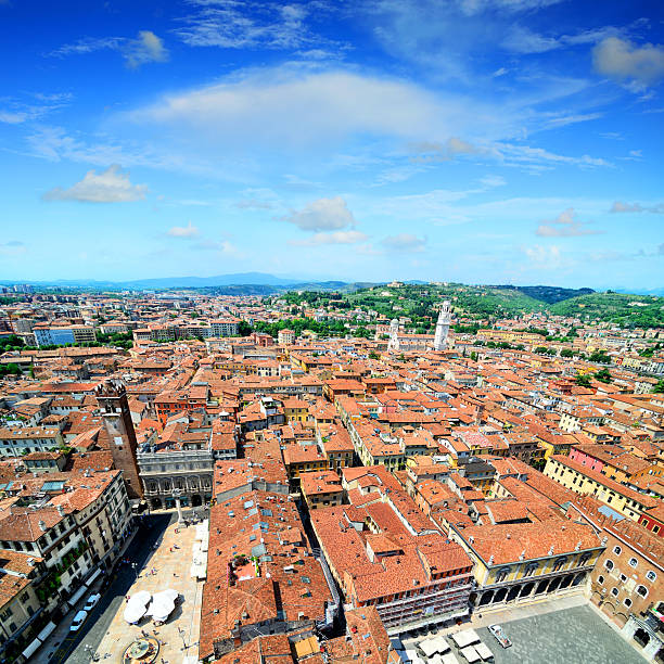 Verona cityscape aerial view with Cathedral (Duomo di Verona), Italy. Composite photo
