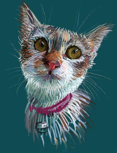 A cute calico cat with bell, digital painting in computer.