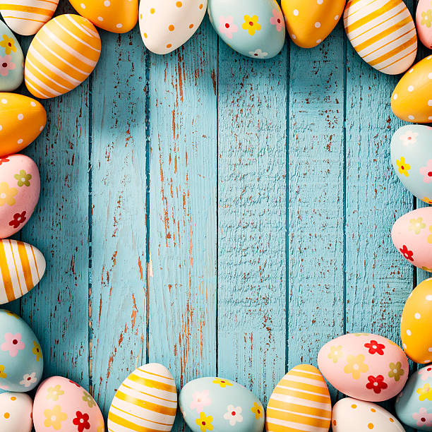 Easter Eggs on Old Blue Wood - Season Background Frame