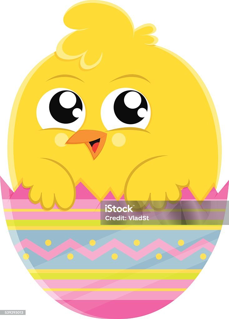 Amarillo chick personaje de historieta de coloridos huevos de Pascua en - arte vectorial de 2015 libre de derechos