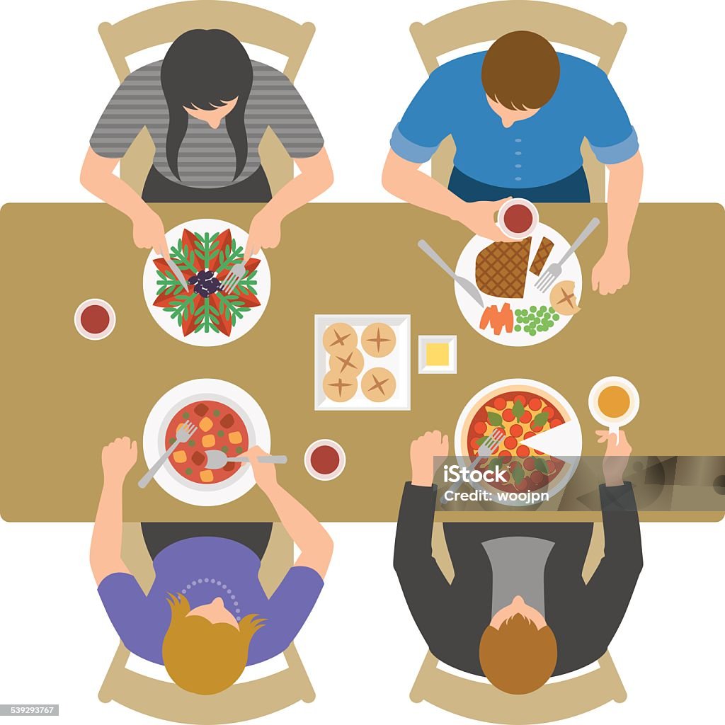 Vista aérea de las personas que el almuerzo y hablando en el restaurante - arte vectorial de Mesa - Mueble libre de derechos