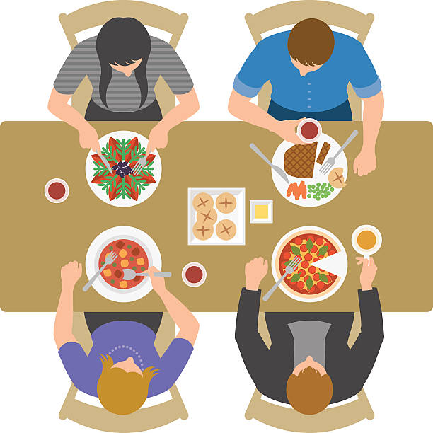 Overhead view of people having lunch and talking at restaurant Group of 4 people sitting and eating at table from above. eating illustrations stock illustrations