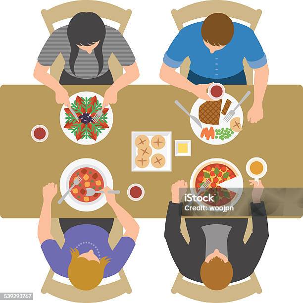 Overhead View Of People Having Lunch And Talking At Restaurant Stock Illustration - Download Image Now