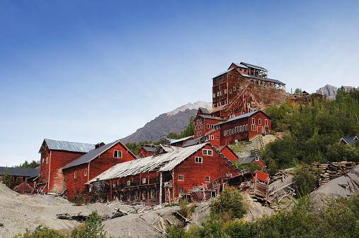 Abandoned factories of the historical Kennecott Copper Mine located nearby the Kennicott Glacier in in the Wrangell- St.Elias Mountains National Park,Alaska, USA. The nearest city is McCarthy.
