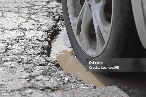 Alloy Wheel And Tire In A Pothole Closeup Stock Photo - Download Image Now - Pot Hole, Tire - Vehicle Part, Car