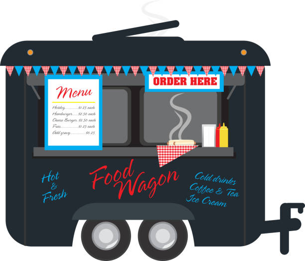 Black colored Food wagon trailer on white background Vector illustration of a black colored food wagon trailer. Red and blue color palette. Easy to edit and rearrange with layers. Includes cute food wagon, bunting, menu, sign, hotdogs, mustard,ketchup containers,text design on a white background. Hot and Fresh. Cold Drinks. Coffee and Tea. Ice Cream. Cute concept for food trucks or summer food festivals. hot dog stand stock illustrations