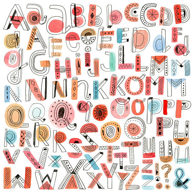 watercolour und bleistift gekritzel alphabet - letter n letter m doodle illustration and painting stock-grafiken, -clipart, -cartoons und -symbole