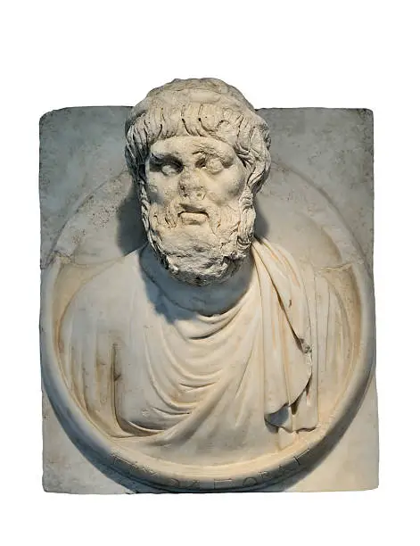Bust of Pythagoras isolated on white. Pythagoras of Samos was a famous Greek mathematician and philosopher, born between 580 and 572 BC, and died between 500 and 490 BC. He is known best for the proof of the important Pythagorean theorem, which is about right triangles.