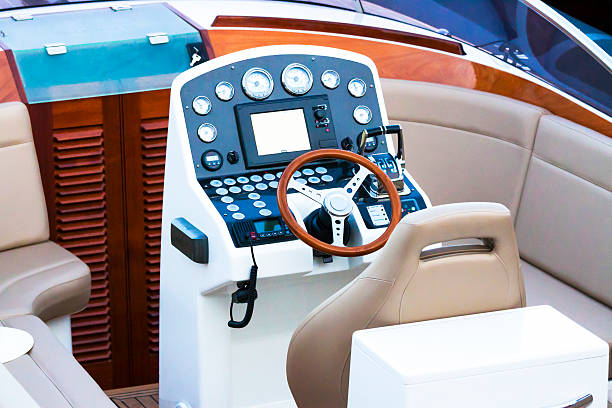 istock Closeup modern speed boat cockit control panel with leather seats 539324393
