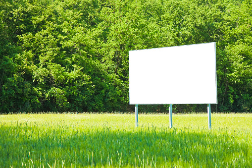 A blank advertising billboard immersed in a wheat field