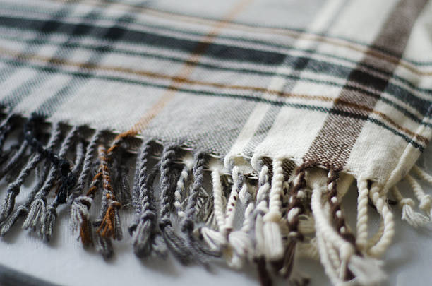 istock grey and biege checkered knitted folded blanket  fringe 539325309