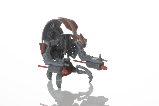 Cantonment, Fl, USA-June 1, 2015:  Droideka droid figure on white background, shot in studio, character of Star Wars film franchise created by George Lucas.