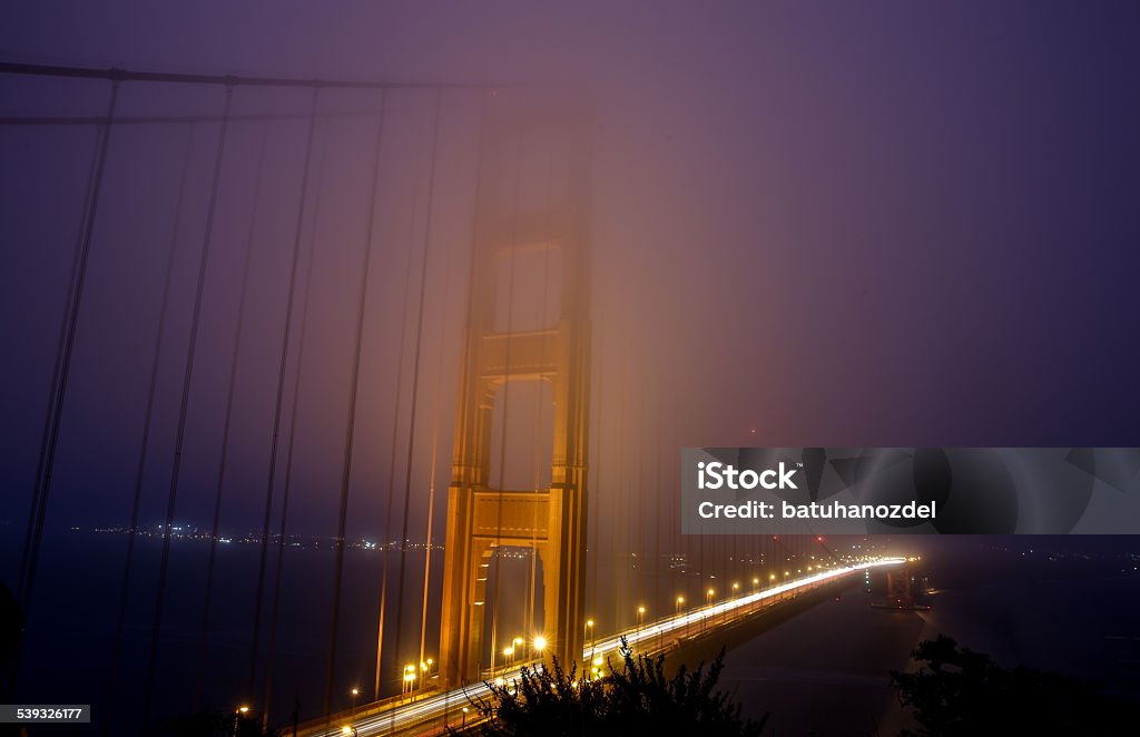 Misty Golden Gate San Francisco County, Urban Skyline, Fog, Night, High Angle View 2015 Stock Photo