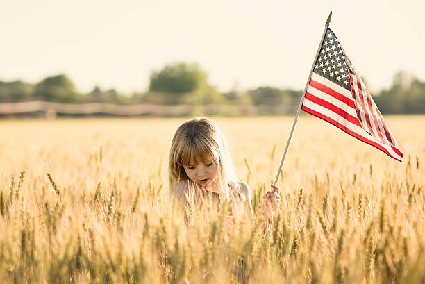 menina segurando bandeira americana em um campo. - child flag fourth of july little girls imagens e fotografias de stock
