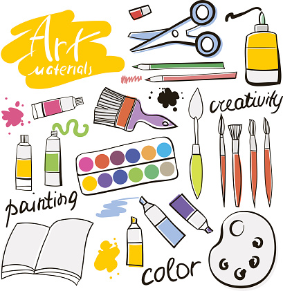 Doodle colored art materials collection. Hand drawn art icons set. Vector Illustration