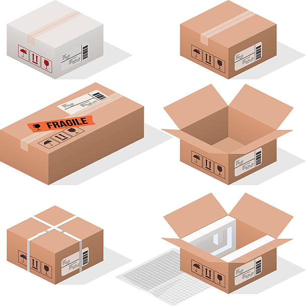 cardboard boxes isometric cardboard cargo boxes.  polystyrene box stock illustrations