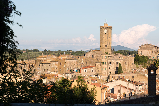 Marta skyline with Torre dell'Orologio, Lago di Bolsena Lazio Viterbo province Italy