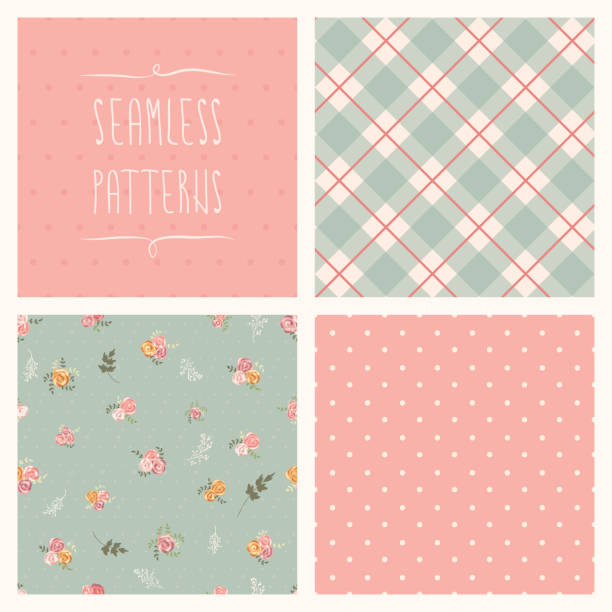 Seamless set A set of 4 seamless patterns. Dots, roses and plaid. EPS10 vector illustration, global colors, easy to modify. blue roses stock illustrations