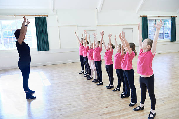 Group Of Girls In Tap Dancing Class With Teacher Group Of Girls In Tap Dancing Class With Teacher tapping stock pictures, royalty-free photos & images