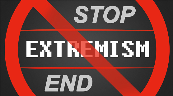Extremism illustration - white lettering with stop / end
